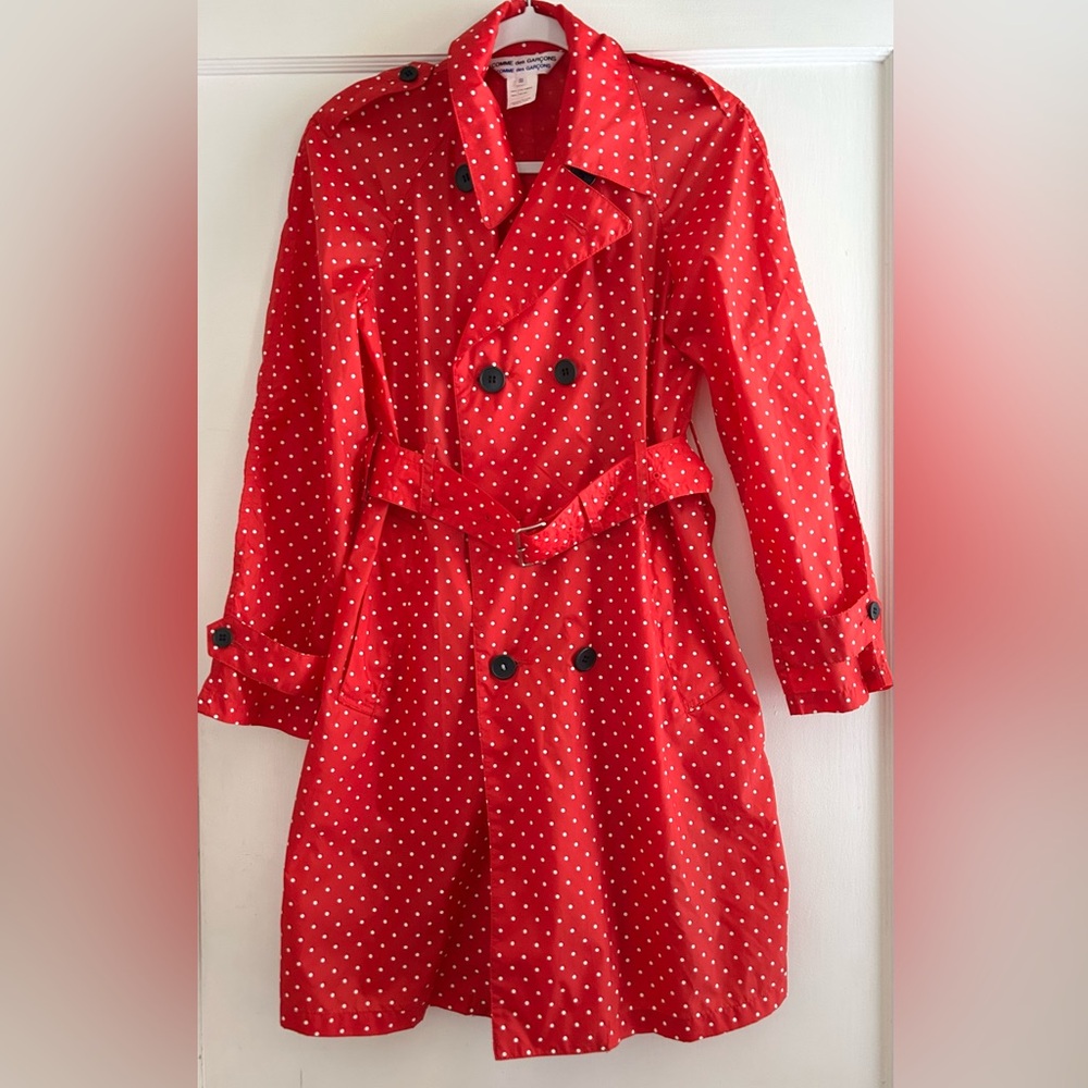 Comme Des Garcons Red White Polka Dot Rain Jacket Trench Coat Size XS S